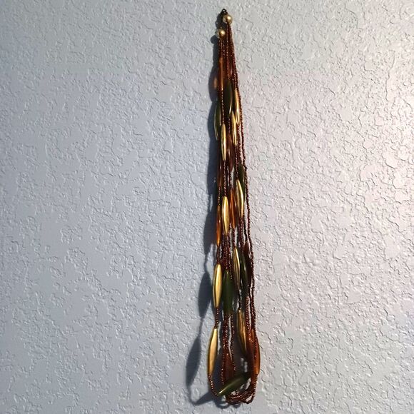 Vintage Multi-Stranded Brown, Gold, Yellow, Teal Beaded Necklace, 32" - Picture 3 of 3